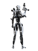Cyberpunk robot holding gun isolated. 3d render png