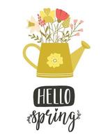 A card with a cute cartoon watering can and simple spring flowers, twigs and herbs. Hand lettering phrase - Hello spring. Color flat cartoon vector illustration on white background