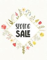 A card with a diamond-shaped frame with spring flowers, daffodils, tulips, twigs, herbs and leaves and a hand-drawn phrase - Spring sale. Color flat cartoon vector illustration on a dotted background