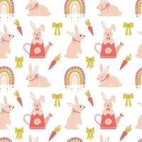 Seamless pattern with cute bunnies, boho rainbow, carrots and bows. Cartoon rabbits characters. Great for baby textiles, baby clothes, gift paper. Vector illustration on a white background.