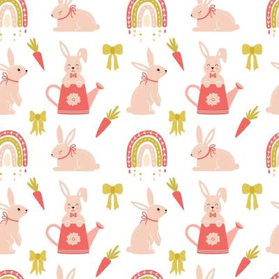Seamless pattern with cute bunnies, boho rainbow, carrots and bows. Cartoon rabbits characters. Great for baby textiles, baby clothes, gift paper. Vector illustration on a white background.