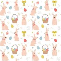 Seamless pattern with cute cartoon bunnies and Easter eggs, wicker basket and texture strokes. For wrapping paper, textiles, souvenirs. Color vector illustration on a white background.