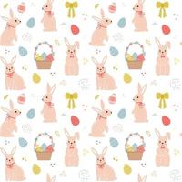 Seamless pattern with cute cartoon bunnies and Easter eggs, wicker basket and texture strokes. For wrapping paper, textiles, souvenirs. Color vector illustration on a white background.