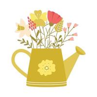 Watering can with simple spring flowers, twigs, herbs. Cute decorative element in cartoon style for Easter and Spring greeting cards. Color vector illustration isolated on a white background.