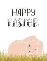 Easter greeting card with a cute pink Easter bunny sleeping in the grass and a hand lettering phrase - Happy Easter. Color flat cartoon vector illustration on white background