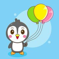 linda pingüino jugando vistoso globo chibi personaje ilustración vector