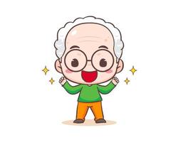 Cute grandfather or old man cartoon character. Strong Grandpa with stars around. Kawaii chibi hand drawn style. Adorable mascot vector illustration. People Family Concept design
