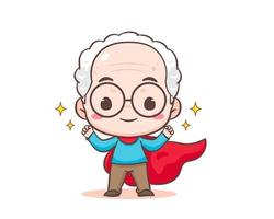 linda abuelo o antiguo hombre dibujos animados personaje. súper héroe abuelo con rojo capa y estrellas alrededor. kawaii chibi mano dibujado estilo. adorable mascota vector ilustración. personas familia concepto diseño