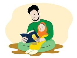 Father and daughter sit reading the Qur'an in the month of Ramadan vector