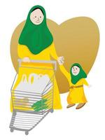 el rápido mes de Ramadán musulmán madre y su hijo son yendo compras carretilla para el necesidades vector