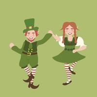 Square vector illustration of a couple of dancing leprechauns on green background. St Patrick's day design