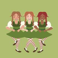 Square vector illustration of three dancing leprechaun girls on green background. Saint Patrick day design