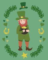 Vector illustration with a leprechaun holding a  pot of gold on green background. St Patrick's day design