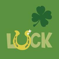 Square vector illustration St Patrick Day card. Paper cutout effect word Luck on green background with horseshoe and a shamrock