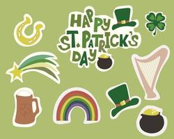 S t. patrick's día temática pegatina conjunto con mano dibujado letras y varios objetos en verde vector