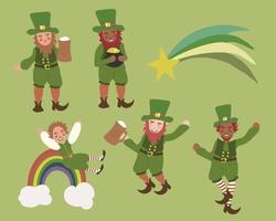 Vector illustration of various leprechauns dancing, drinking beer and having fun.