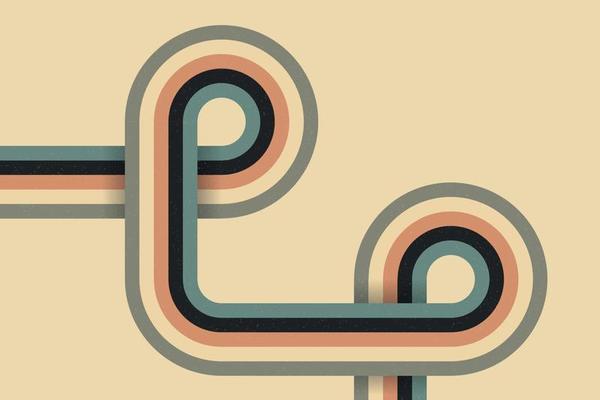 Retro colorful curved lines on beige background. Abstract disco linear illustration design