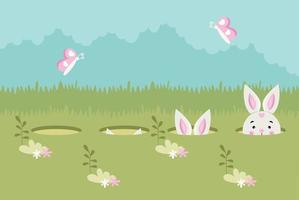 Cute illustration with funny bunny peeking in holes vector