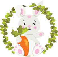 Rabbit holding a carrot in the frame of green leaves vector