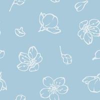 Floral seamless pattern with blooming spring flowers, buds and petals on blue background. Vector romantic print design for textile, fabric, wallpaprs or wrapping paper.