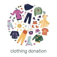 A concept on the topic of donating clothes. Jeans, dress, shoes, sweaters, skirt, T-shirt, hat. Vector illustration.