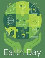 A postcard for the Earth Day holiday. Hands hold the globe. Environmental protection - a set of icons. Vector illustration in the flat style.