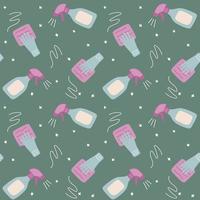 Seamless pattern of a bottle with cleaning agent, gloved hands with a washing cloth. vector