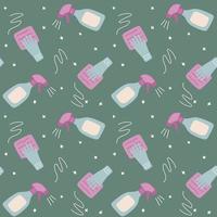 Seamless pattern of a bottle with cleaning agent, gloved hands with a washing cloth. vector