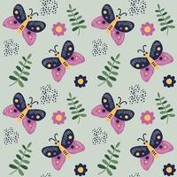 Seamless pattern with butterfly, flowers and leaves. vector