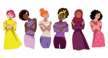 internacional De las mujeres día 2023, abrazo capital concepto.grupo de mujer de diferente nacionalidad y piel color abrazando su hombros.diversos mujer abrazando sí misma vector ilustración