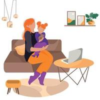 A woman with a child daughter in her arms sits on the sofa at home with a laptop on the table vector illustration.Freelancer woman.Online education.Online consultation from home.