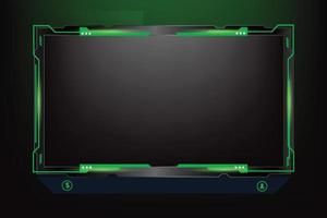 Gaming screen overlay decoration with futuristic shapes and dark color. Live gaming overlay design with buttons and screen panels. Live streaming overlay vector with green color for online gamers.