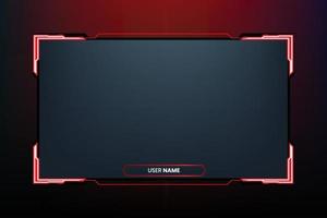 Futuristic neon display frame design with red and white colors. Creative gaming screen interface decoration with online buttons and screens. Live streaming overlay vector with neon light effect.