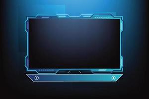 Futuristic gaming screen panel and border design vector. Live gaming overlay decoration with blue color shade and dark background. Modern streaming overlay vector with colorful buttons for gamers.