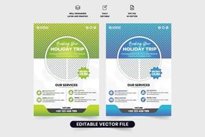 Holiday trip planner agency advertisement flyer vector with photo placeholders. Vacation planner business promotional leaflet and poster vector. Tour and travel flyer design with green and blue colors