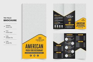 Culinary food menu tri fold brochure design with yellow and dark colors. Restaurant advertisement promotional template vector with food menu list. Food menu brochure and leaflet design for marketing.