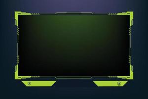 Live gaming overlay design with buttons and screen panels for online gamers. Gaming screen overlay decoration with futuristic shapes. Live streaming overlay vector with green and dark colors.