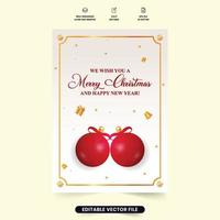 Creative Christmas greeting and wish card template design on an off-white background. Christmas gift card vector with golden elements and red decoration balls. Xmas greeting card layout design.