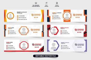 Corporate email signature set vector with photo placeholders. Employee identity web banner and email signature template collection. Company email signature design bundle with creative shapes.