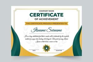 Certificate of achievement and diploma design with golden and green colors. Special award certificate vector for occasions of sports. Academic certificate design with abstract shapes and calligraphy.