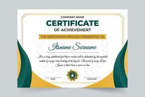 certificado de logro y diploma diseño con dorado y verde colores. especial premio certificado vector para ocasiones de Deportes. académico certificado diseño con resumen formas y caligrafía.