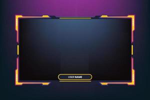 Futuristic gaming overlay template. Online gaming overlay design with buttons. Broadcast screen interface design with yellow and purple colors. Live streaming screen vector on a dark background.