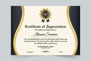 creativo oficina certificado y honor credencial diseño con oscuro y dorado colores. profesional negocio credencial vector para apreciación. logro y premio certificado para educación.
