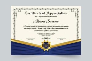 Certificate of appreciation and achievement vector design with blue and golden colors. Official certificate decoration with a golden badge in vintage style. Sports award credential element design.