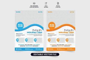 Creative travel agency advertisement flyer design with location pins and abstract shapes. Modern holiday trip planner business leaflet and poster vector. Tour and travel promotional flyer design. vector