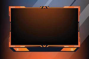 Online gaming screen border vector with orange and dark colors. Stylish streaming overlay decoration with subscribe buttons. Futuristic broadcast gaming panel design for live gamers.