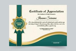 Creative award certificate decoration with green and golden colors. Honor recognition paper and credential vector for academic or official occasions. Achievement certificate frame layout vector.