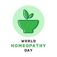 Vector illustration of World Homeopathy Day in flat design with leaves and bowl