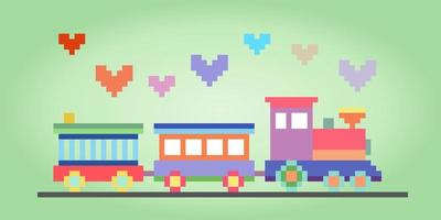 Tren de píxeles de 8 bits. píxeles de juguetes en ilustraciones vectoriales para activos de juegos y patrones de punto de cruz. vector