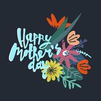 contento madres día saludo tarjeta diseño. elegante floral ramo de flores y con letras de mano saludo frase. aislado en oscuro antecedentes vector